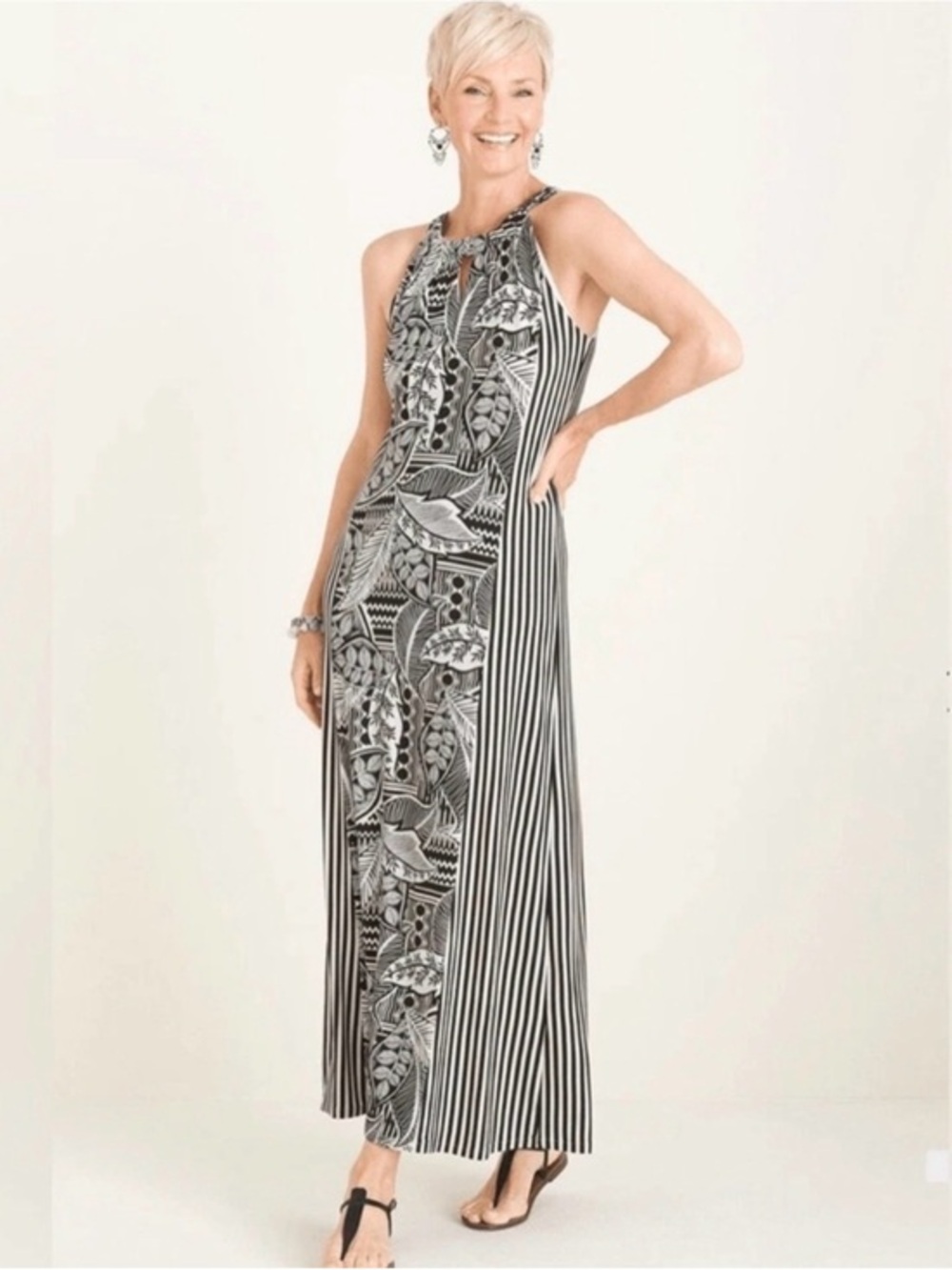 EUC Chico's Strappy Tie-Back Maxi Dress, Black & White Patterns & Stripes, 8/10
